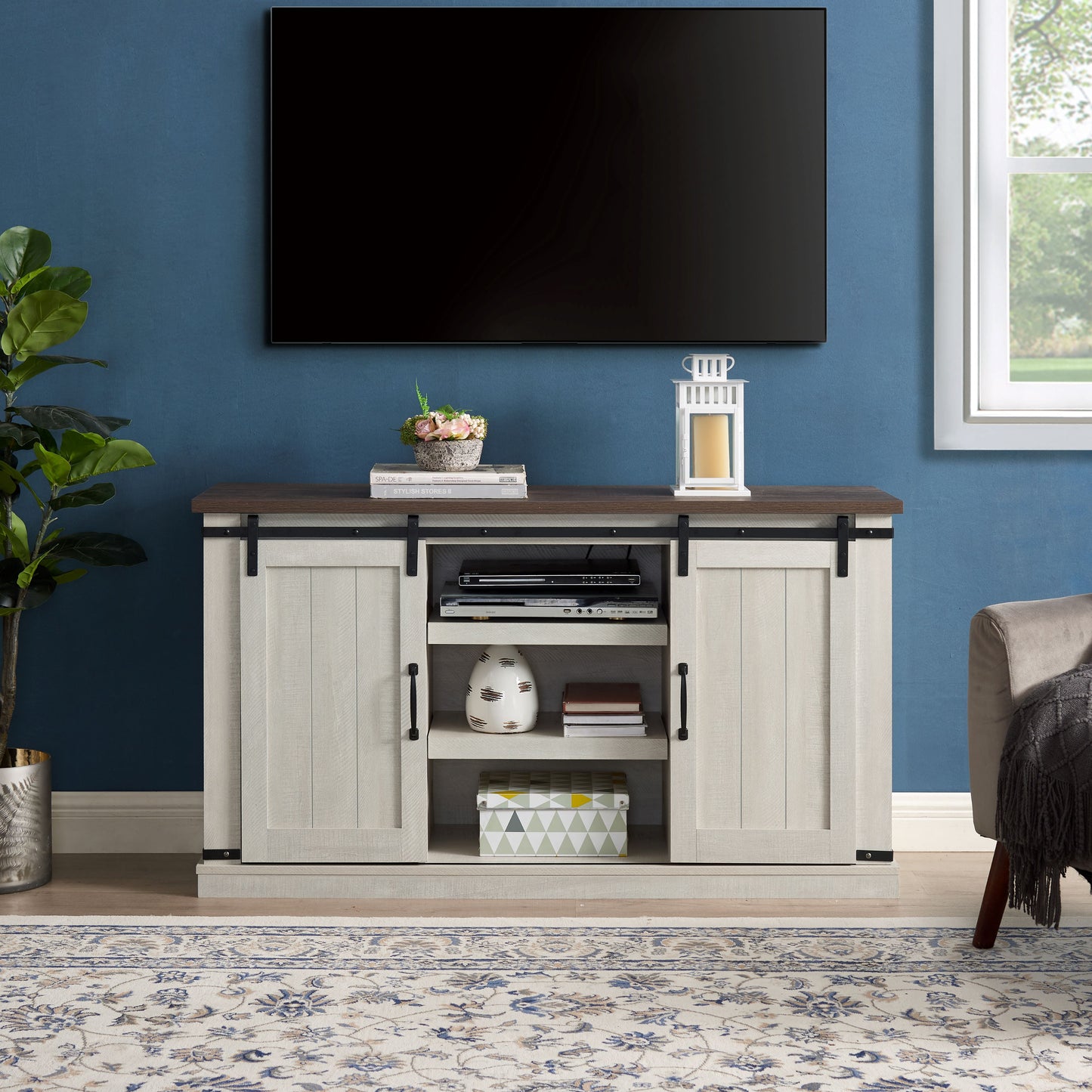 Classic Farmhouse TV Stand Transitional for TV Up to 60" ,Home  Storage Table TV Cabinet, Light Gray