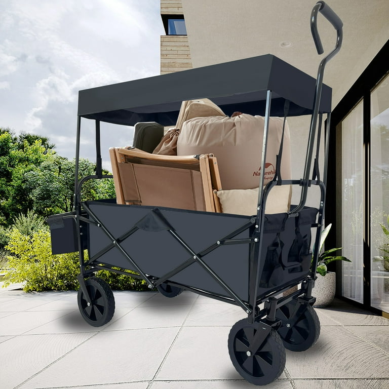 Collapsible Folding Wagon Outdoor Utility Wagon with Canopy ans Storage Basket, Push Pull Beach Wagon Cart for Camping, Garden, and Sports, Navy Blue