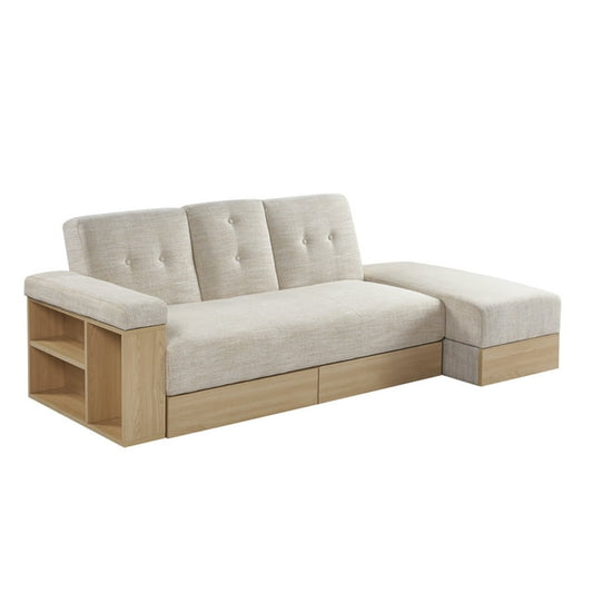 Convertible Sofa Bed, Multi-functional PU Leather Couch with 2 Pull-out Storage Drawers and Box, Small Space Sofa for Living Room, Beige