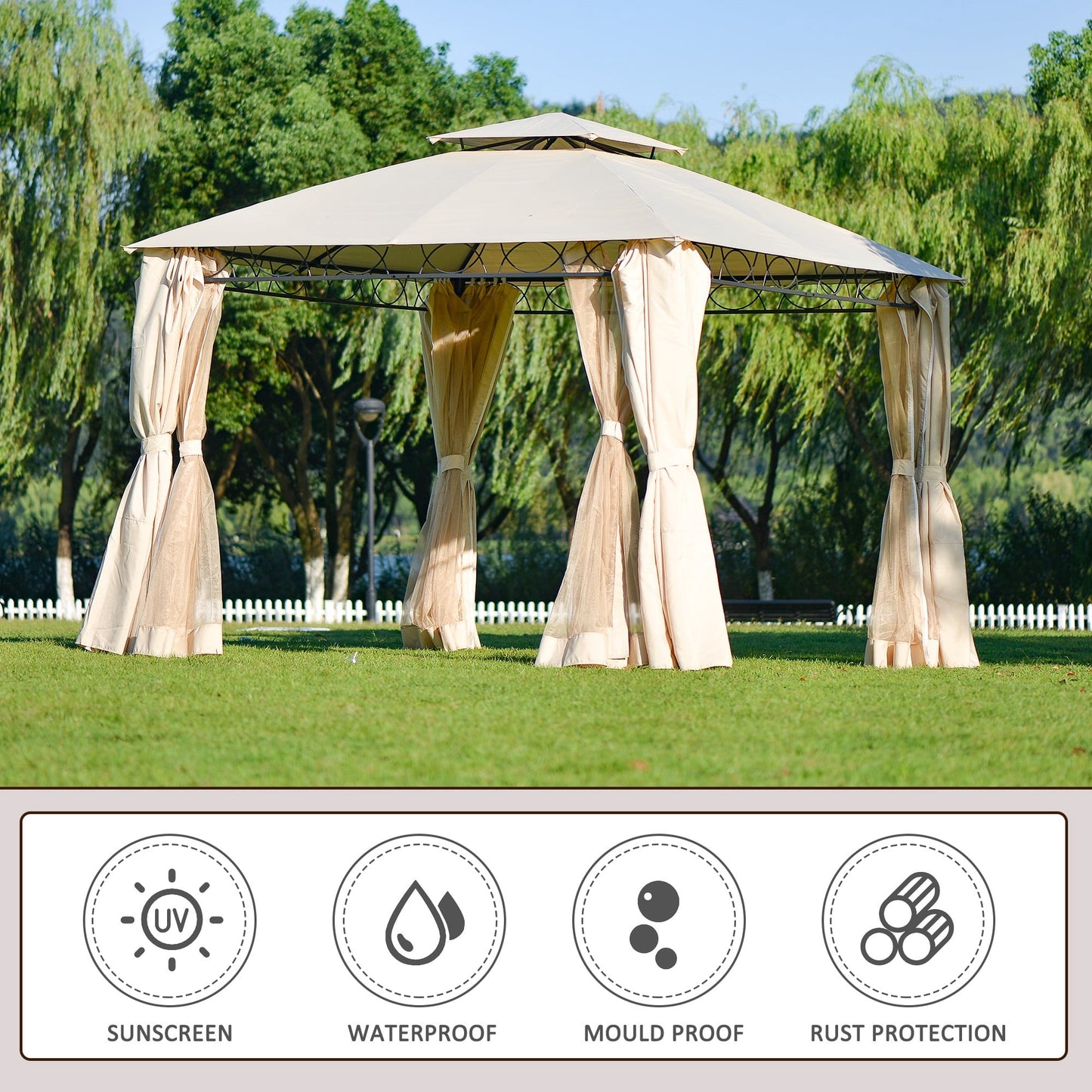 Double Tiered Grill Gazebo - 10 Ft x 11Ft Outdoor BBQ Pop-Up Canopy Tent with UV Protection & Mesh Netting for Patio Garden Backyard, Beige