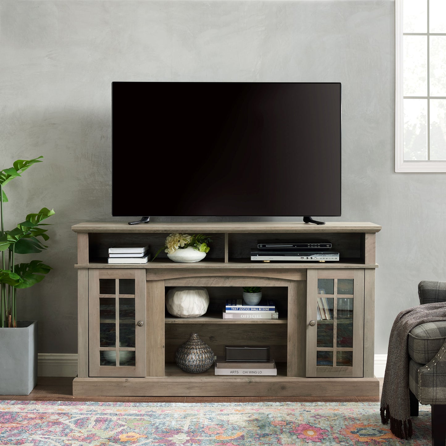 Farmhouse Sliding Barn Door TV Stand, Modern TV Cabinet with Storage Shelf for TV Up to 65", Gray Wash