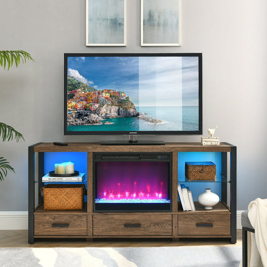 Fireplace TV Stand, 60" Entertainment Center with 23" Electric Fireplace, Farmhouse TV Stand Industrial Media Console with Sync Colorful LED Lights, Wood Brown