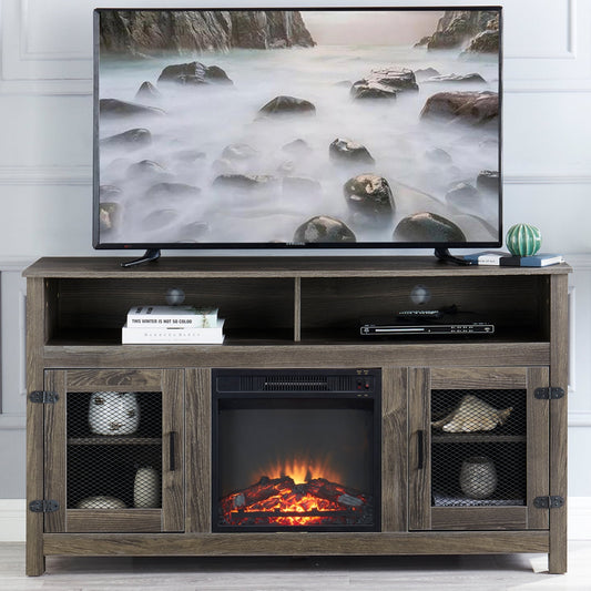 Fireplace TV Stand for TVs up to 65", Modern Farmhouse Entertainment Center with Electric Fireplace Inserts Storage Cabinet and Adjustable Shelves for Living Room, Gray