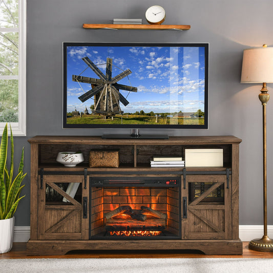 Fireplace TV Stand for TVs up to 70", 60" Entertainment Center with 26" Electric Fireplace, Modern Media TV Console with Storage Cabinet and Door Sensor, Brown