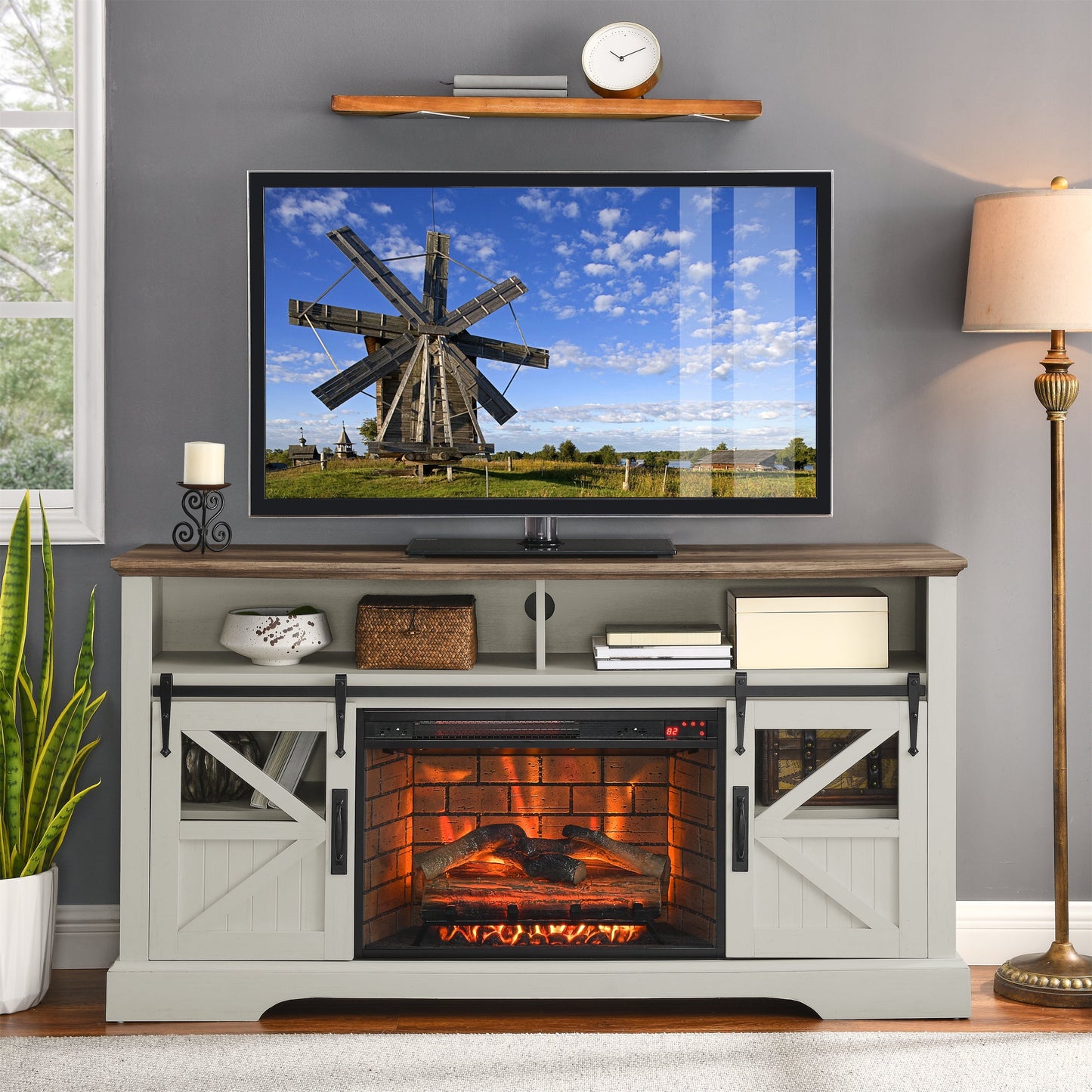 Fireplace TV Stand for TVs up to 65", Modern Farmhouse Entertainment Center with Electric Fireplace Inserts Storage Cabinet and Adjustable Shelves for Living Room, Gray