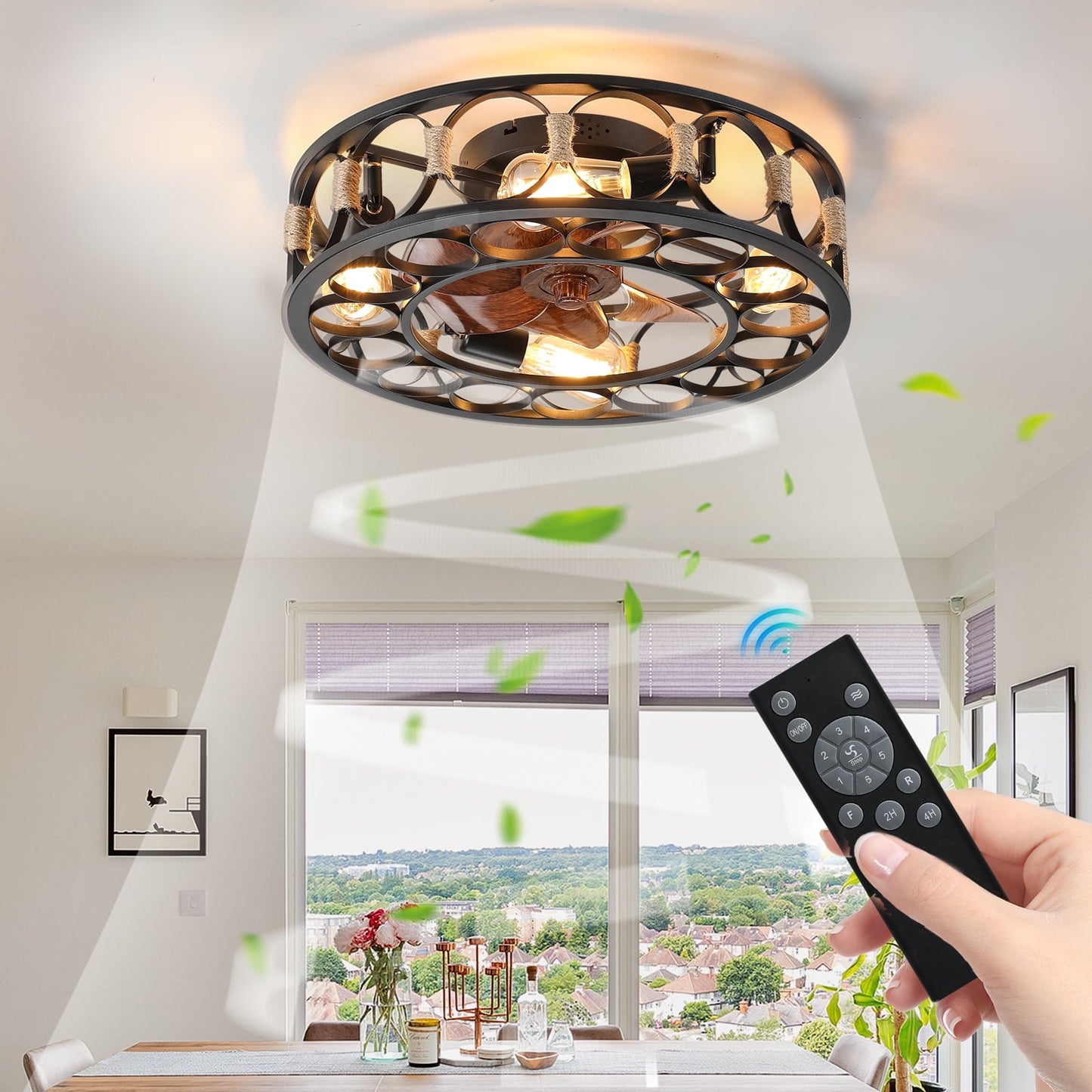 Flush Mount Ceiling Fan with Lights Remote Control, Indoor Retro Low Profile Caged Ceiling Fan with 5 Blades for Living Room, Bedroom, Kitchen