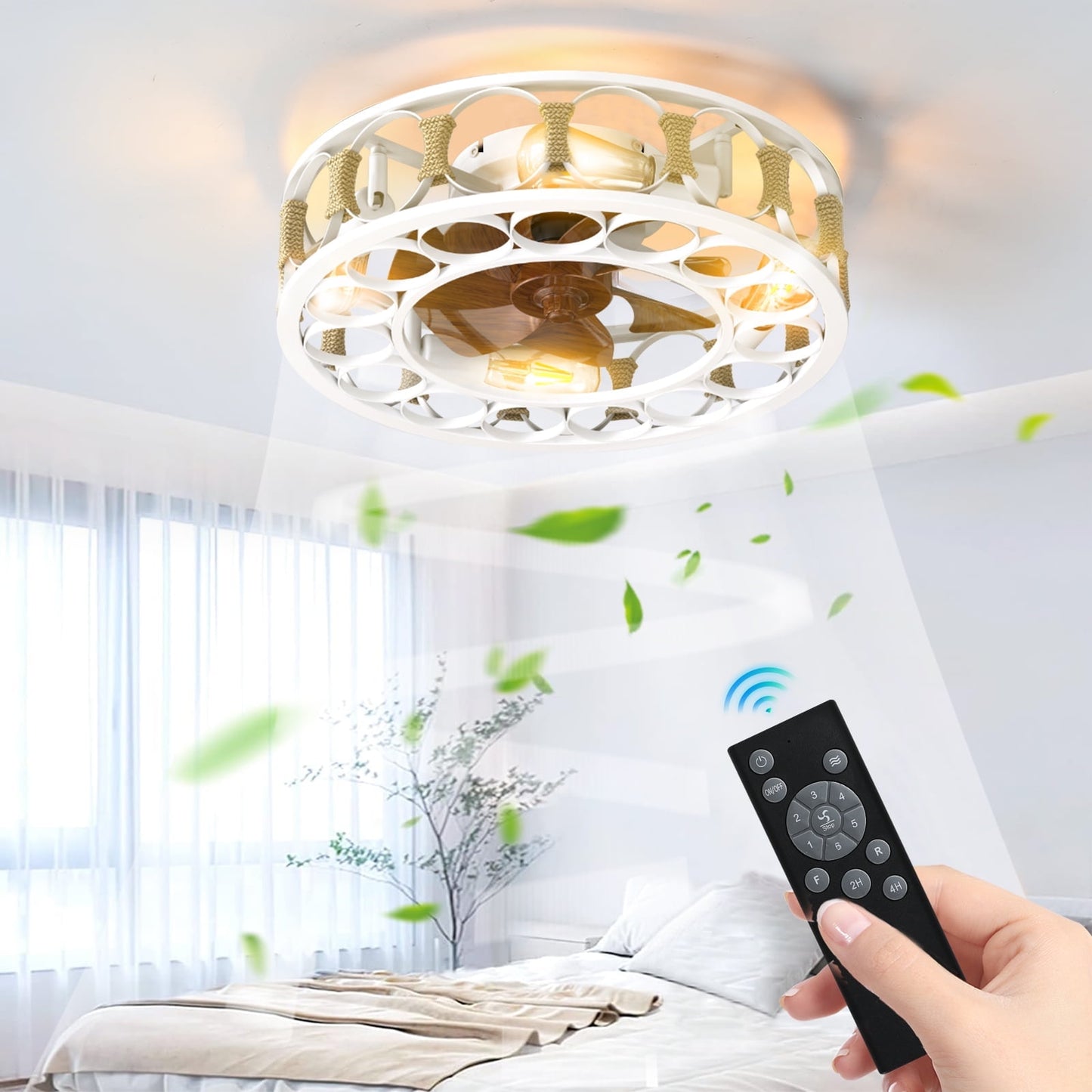 Flush Mount Ceiling Fan with Lights Remote Control, Indoor Retro Low Profile Caged Ceiling Fan with 5 Blades for Living Room, Bedroom, Kitchen