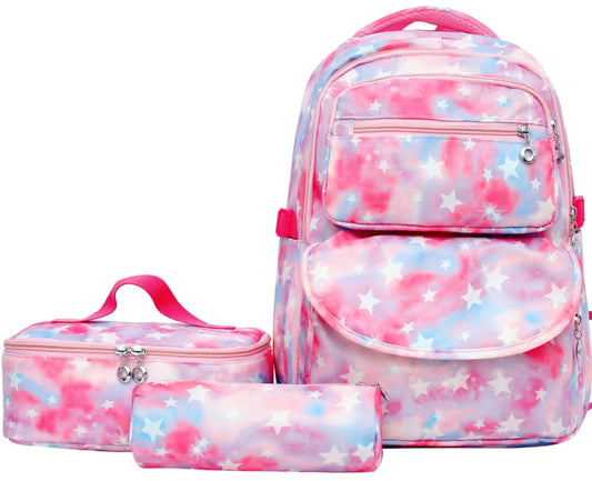 Girls Backpack with Lunch Bag and Pencil Case, Star Printed Kids School Backpack Set, Lightweight School Bag Children Bookbag for Elementary Middle Students, Pink