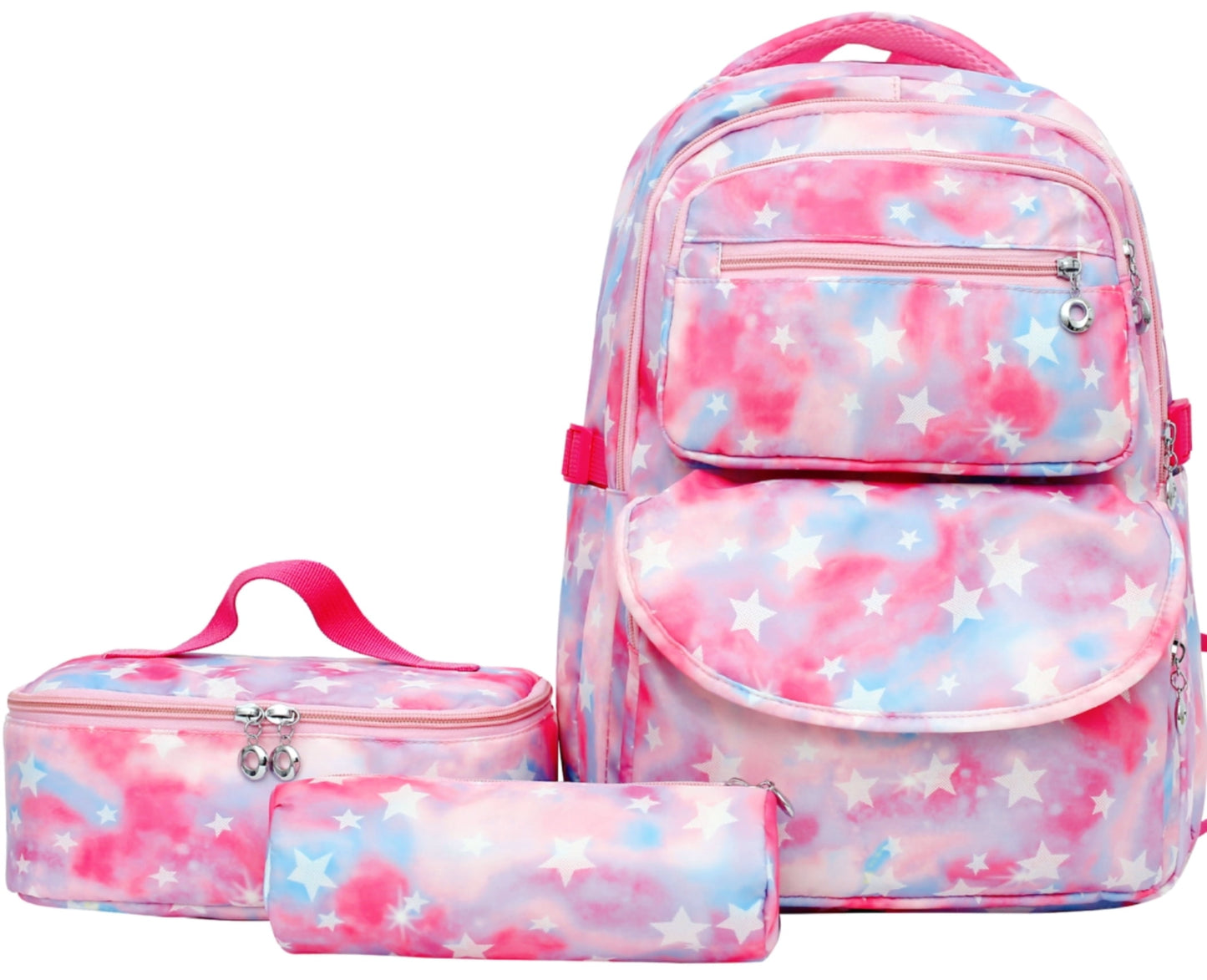 Girls Backpack with Lunch Bag and Pencil Case, Star Printed Kids School Backpack Set, Lightweight School Bag Children Bookbag for Elementary Middle Students, Pink