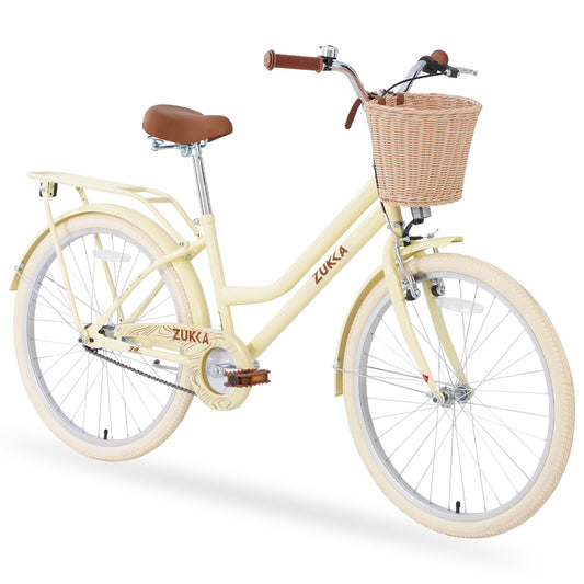 Girls Bike 24" Kids Bike with Basket, Singel Speed Steel Frame Cruiser Bike Commuter City Bicycle for Girls Women, Yellow