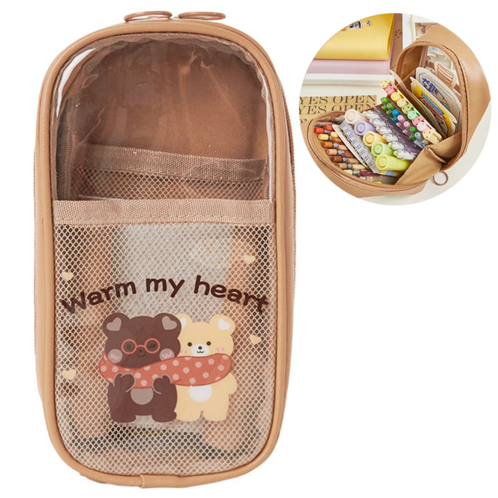 Large Capacity Pencil Case for Girls Kids, Clear Pencil Pouch Waterproof Cute Bear Pattern Stationery Bag for School Supplies, Office & Travel