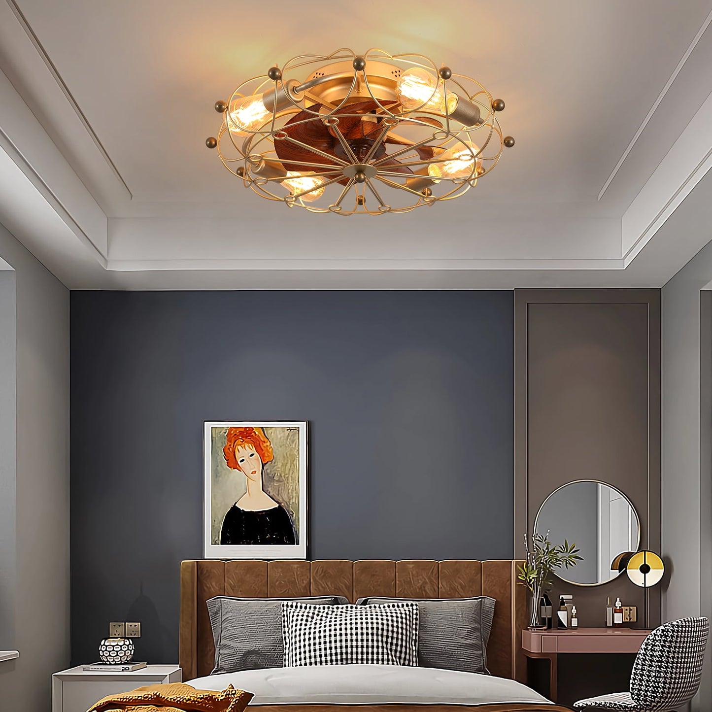 Low Profile Caged Ceiling Fan with Lights Remote Control, Embedded Modern Industrial Farmhouse Ceiling Fan for Bedroom, Kitchen, White