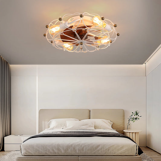 Low Profile Caged Ceiling Fan with Lights Remote Control, Embedded Modern Industrial Farmhouse Ceiling Fan for Bedroom, Kitchen, White