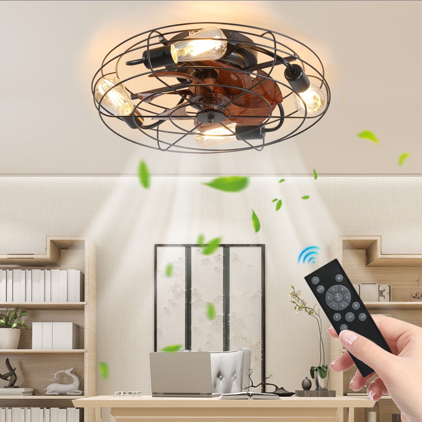 Flush Mount Ceiling Fan with Lights Remote Control, Indoor Retro Low Profile Caged Ceiling Fan with 5 Blades for Living Room, Bedroom, Kitchen