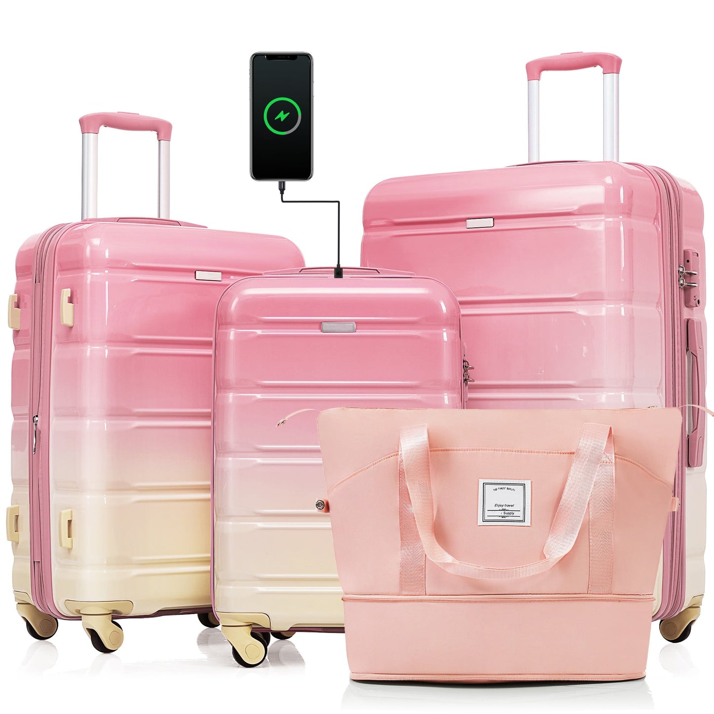 Luggage Set 4 Piece, Hardside Luggage Suitcase Sets with Travel Bag, Collapsible Cup Holder, TSA Lock, Spinner Wheels, White