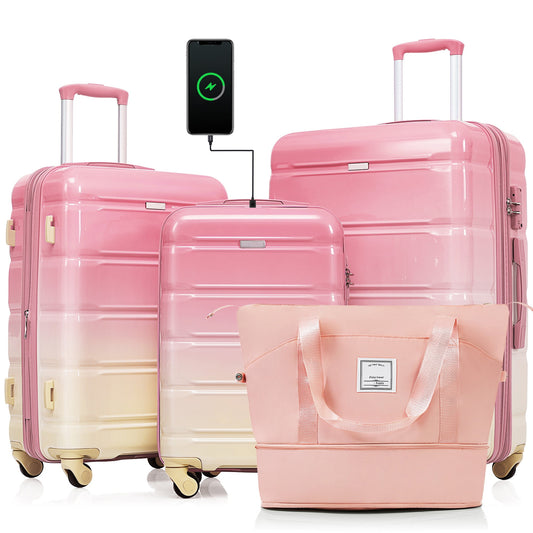 Luggage Set 4 Piece, Hardside Luggage Suitcase Sets with Travel Bag, Collapsible Cup Holder, TSA Lock, Spinner Wheels, White