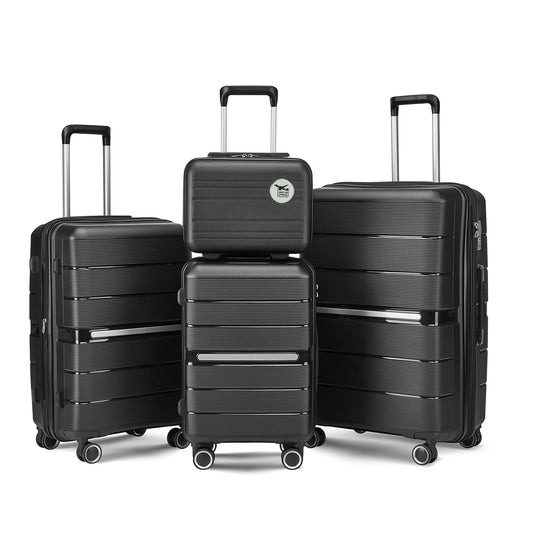 Luggage Sets 4 Pcs PP Hardshell Lightweight Suitcase Set Expandable Luggage Sets with TSA Lock Spinner Wheels, Black
