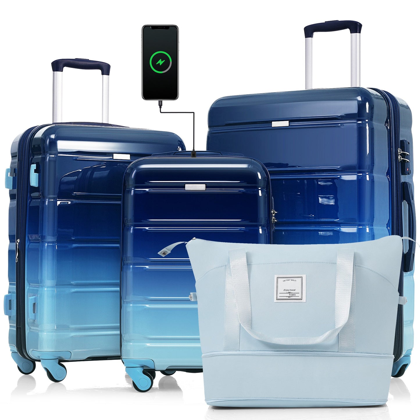 Luggage Sets 4 Piece Hardside Luggage Suitcase Sets with Travel Bag Expandable Luggage with USB Port Cup Holder TSA Lock Spinner Wheels, Blue