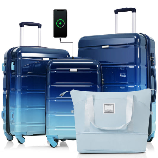 Luggage Sets 4 Piece Hardside Luggage Suitcase Sets with Travel Bag Expandable Luggage with USB Port Cup Holder TSA Lock Spinner Wheels, Blue