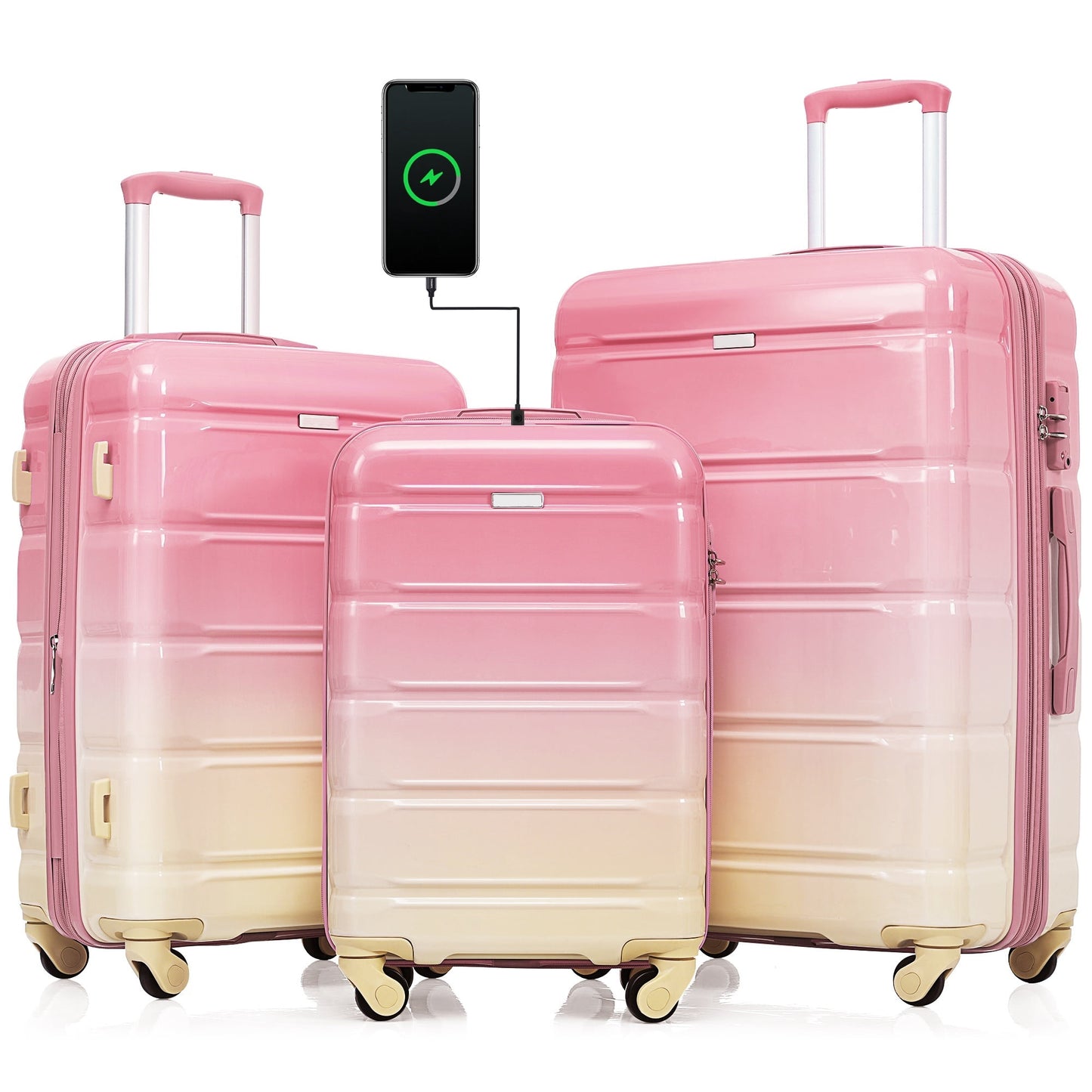 New Luggage Set with Cup Holder and USB Port, 3 Piece Set Hardshell Expandable Luggage Suitcase Sets with TAS Lock Spinner Wheels, Gradient Pink