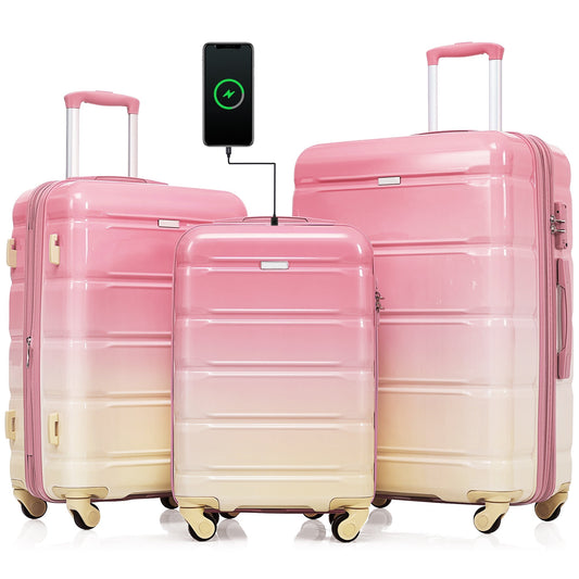 New Luggage Set with Cup Holder and USB Port, 3 Piece Set Hardshell Expandable Luggage Suitcase Sets with TAS Lock Spinner Wheels, Gradient Pink