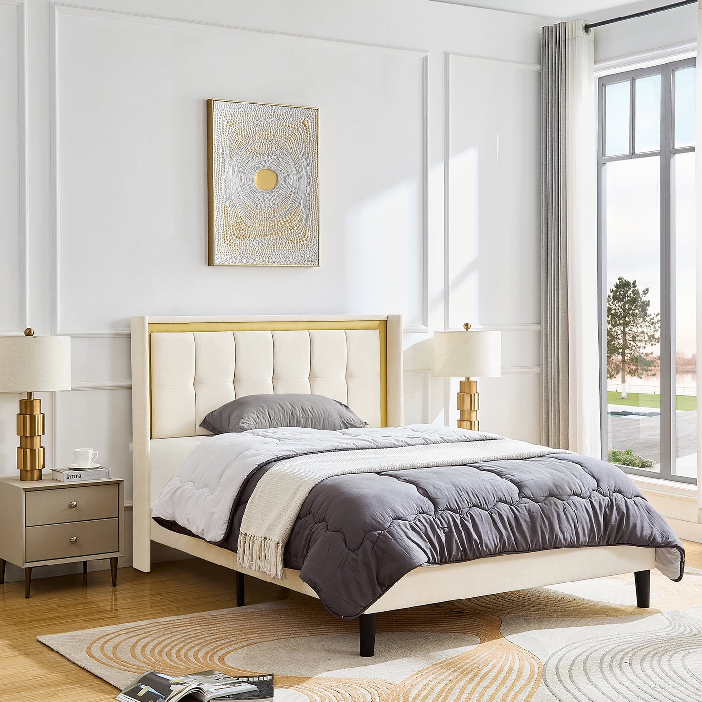 Queen Size Bed Frame Upholstered Platform Bed Frame with Headboard and Strong Wooden Slats, Easy Assembly, No Box Spring Needed, Beige
