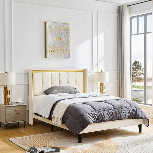 Queen Size Bed Frame Upholstered Platform Bed Frame with Headboard and Strong Wooden Slats, Easy Assembly, No Box Spring Needed, Beige