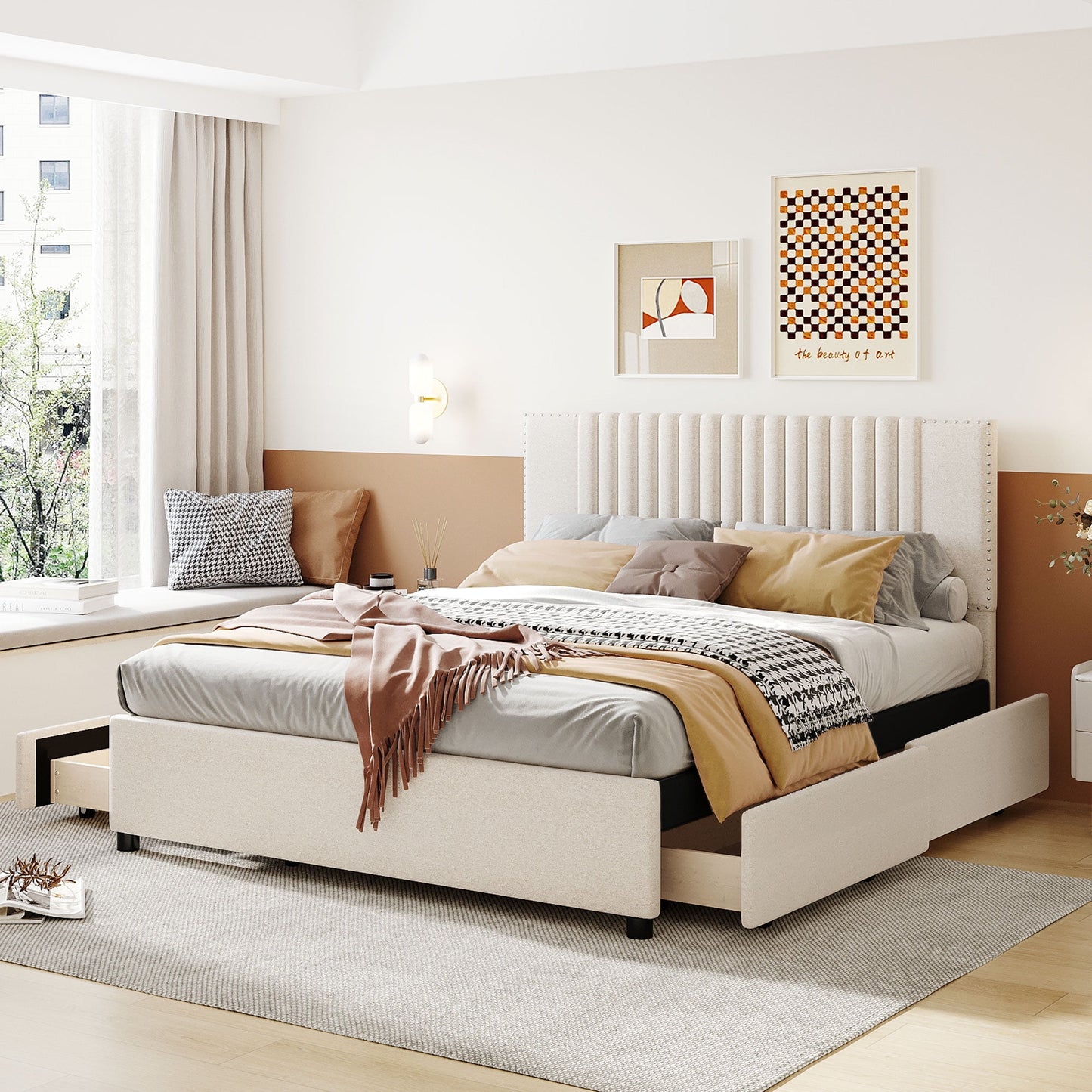 Queen Size Bed Frame, Upholstered Platform Bed with Classic Headboard and 4 Drawers, Wooden Slats Support, No Box Spring Needed, Beige