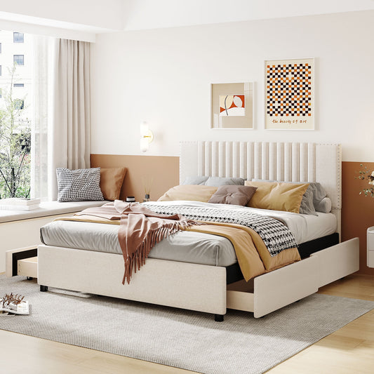 Queen Size Bed Frame, Upholstered Platform Bed with Classic Headboard and 4 Drawers, Wooden Slats Support, No Box Spring Needed, Beige