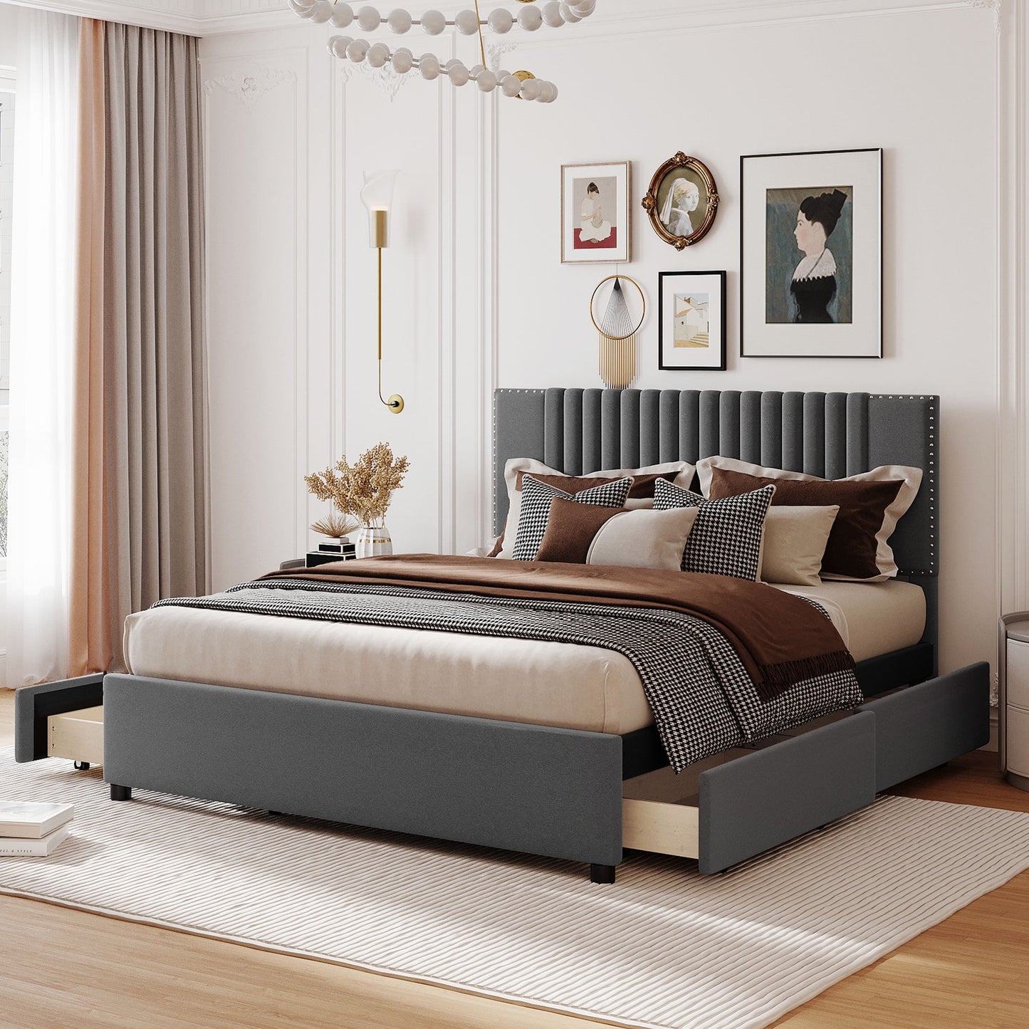 Queen Size Bed Frame, Upholstered Platform Bed with Classic Headboard and 4 Drawers, Wooden Slats Support, No Box Spring Needed, Beige
