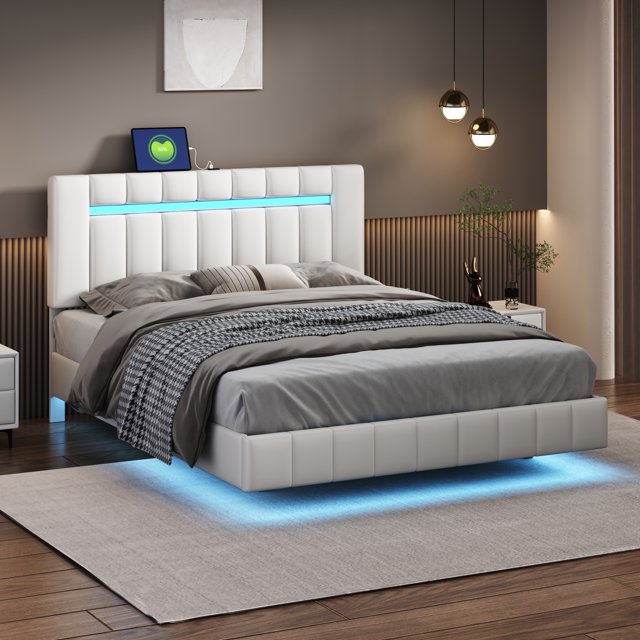 Queen Size Floating Bed Frame with LED Lights and USB Charging,Modern Upholstered Platform LED Bed Frame,White