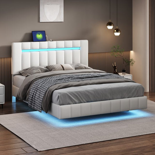 Queen Size Floating Bed Frame with LED Lights and USB Charging,Modern Upholstered Platform LED Bed Frame,White