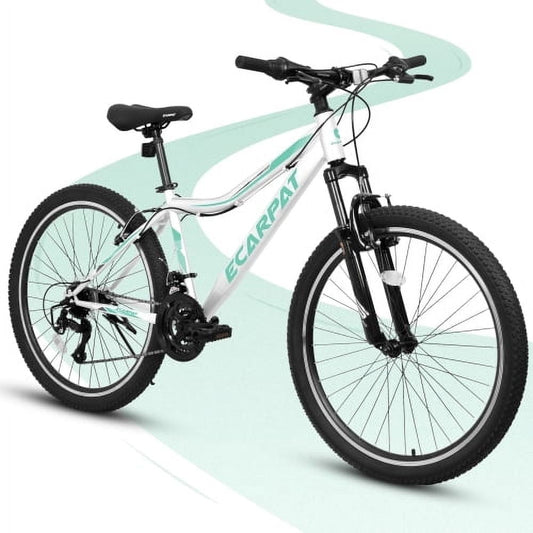 Raistyw 24 inch Mountain Bike, 21-Speed Mountain Bike for Men with V-Brake, Front Suspension, Carbon Steel Frame Adult Bicycles, White and Green