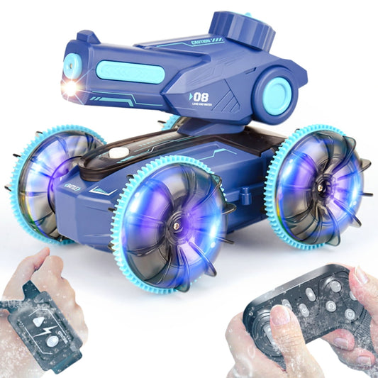 Amphibious Remote Control Car Gesture RC Car Toys for Kids, 4WD RC Stunt Car with Lights, Water Shooting RC Tank for Boys Girls, Blue