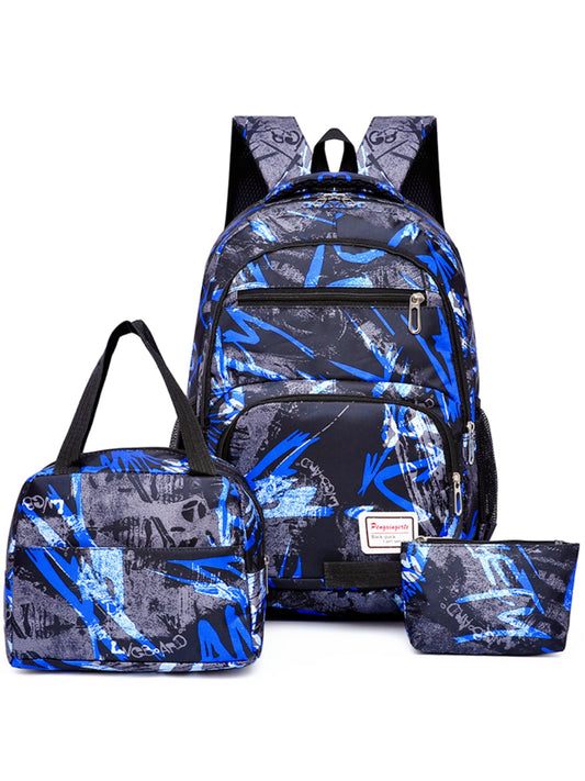 School Backpack for Boys Girls Fashion Printed School Bag Set with Lunch Bag and Pencil Case for Kids Teens, Blue