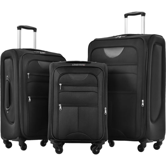 Softside Luggage Expandable 3 Piece Set Suitcase Upright Spinner Softshell Lightweight Luggage Travel Set, Black