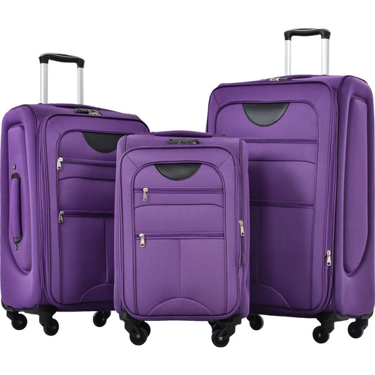 Softside Luggage Expandable 3 Piece Set Suitcase Upright Spinner Softshell Lightweight Luggage Travel Set, Purple