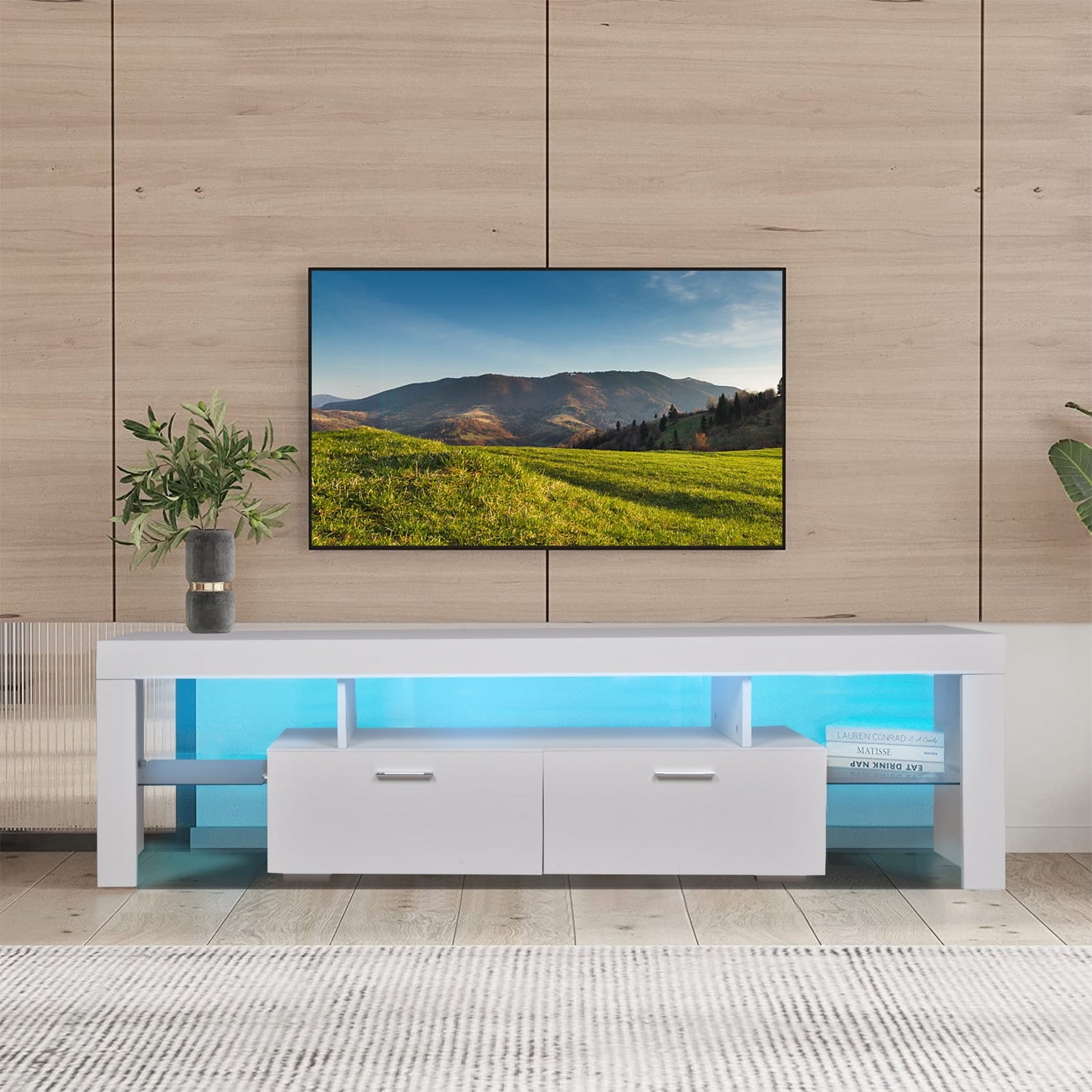 TV Stands for 70" TV, Modern TV Cabinet with LED Lights, Living Room Entertainment Center TV Console Table with Drawers Storage and Shelves, White