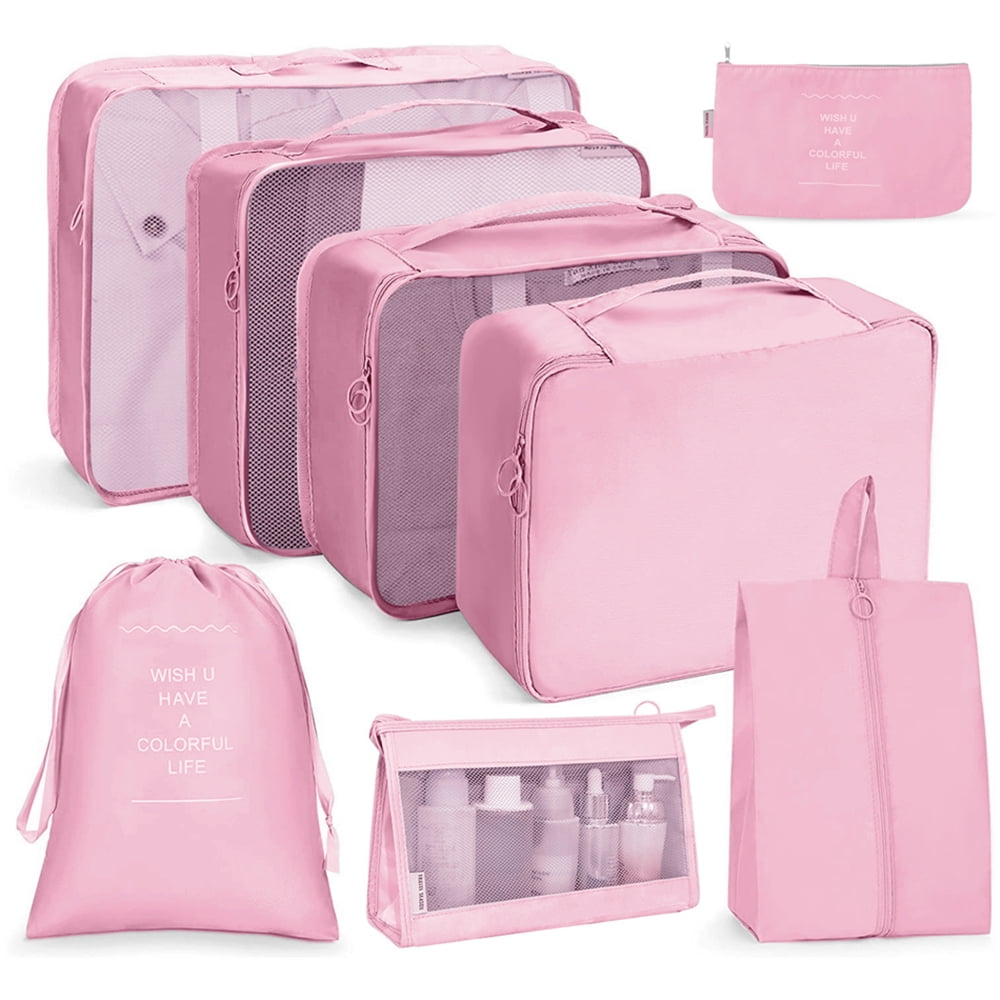 Packing Cubes for Travel, 8 Pcs Foldable Set Lightweight Luggage Organizers with Large Storage Bag for Clothes Shoes, Portable Toiletry Bag for Girls (Pink)