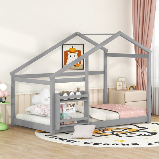 Twin Size Wooden House Bed, Twin Floor Wooden Bed with Shelf, No Box Spring Needed, for Kids, Gray Color