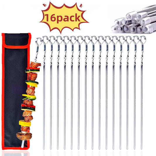 Tyethy BBQ Skewers Set of 16, 14" Long Stainless Steel Reusable Roasting Sticks Grilling Skewers Set for Meat Shrimp Chicken Vegetable