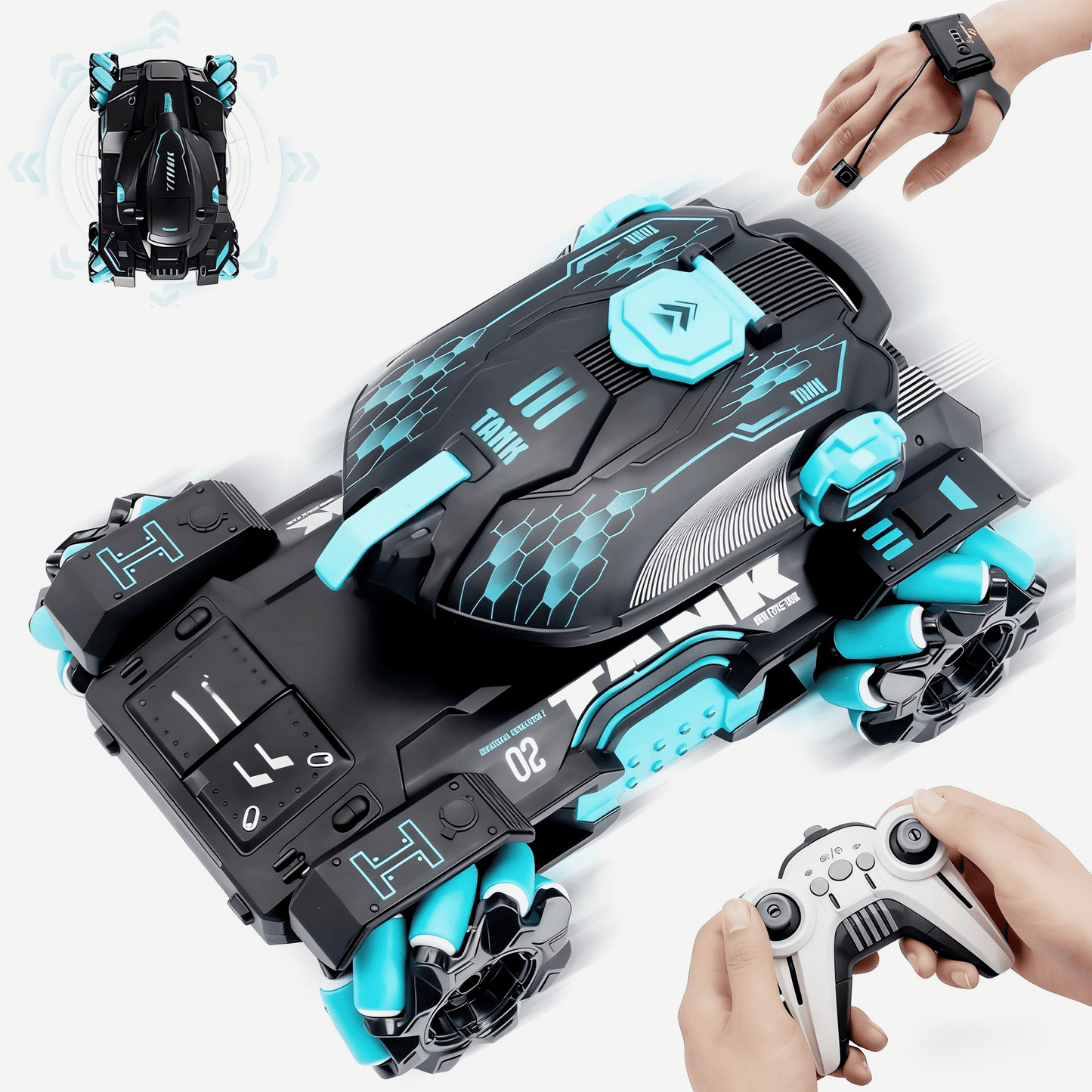Tyethy RC Cars for Boys Gesture Sensing Remote Control Car RC Stunt Car Tank Toy with Lights Music for Kids Ages 5+, Blue