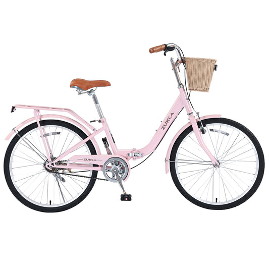 Tyethy Beach Cruiser Bike 22" Commuter Bicycle for Adults Womens, 7-Speed Steel Frame Comfortable City Bikes with Rear Rack and Basket, Pink