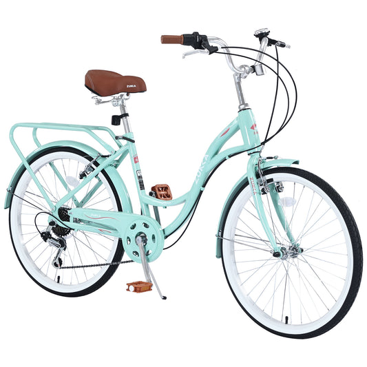 Women's Bike 24 Inch Adult Cruiser Bicycle Shimano 7 Speeds Steel Frame City Commuter Bike for Ladies, Blue Green