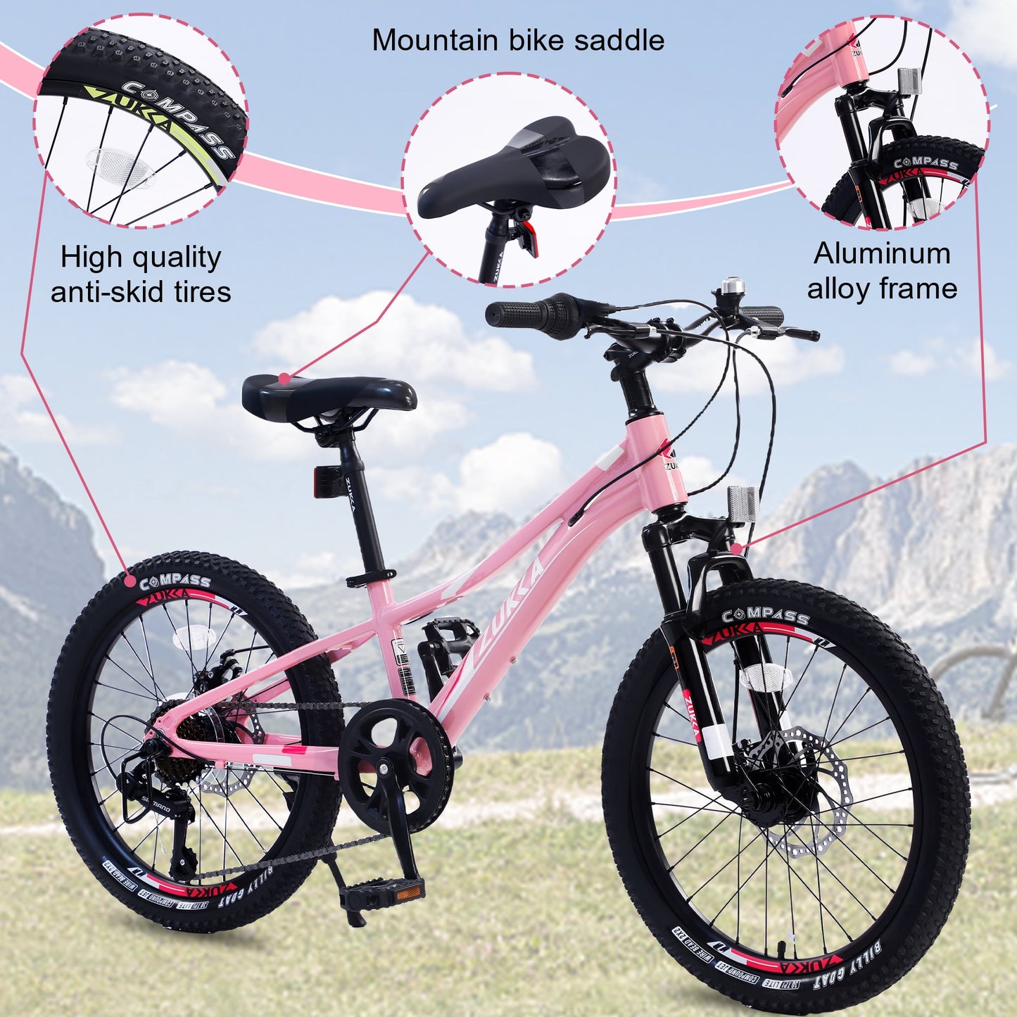 Mountain Bike 20" for Girls, Carbon Steel Frame 7-Speeds Shimano Kids Mountain Bike Youth Bicycle for 5- 12 YO, Pink