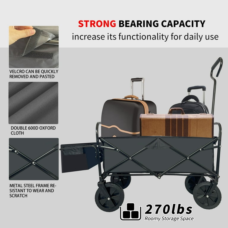 Collapsible Folding Wagon Outdoor Utility Wagon with Canopy ans Storage Basket, Push Pull Beach Wagon Cart for Camping, Garden, and Sports, Navy Blue