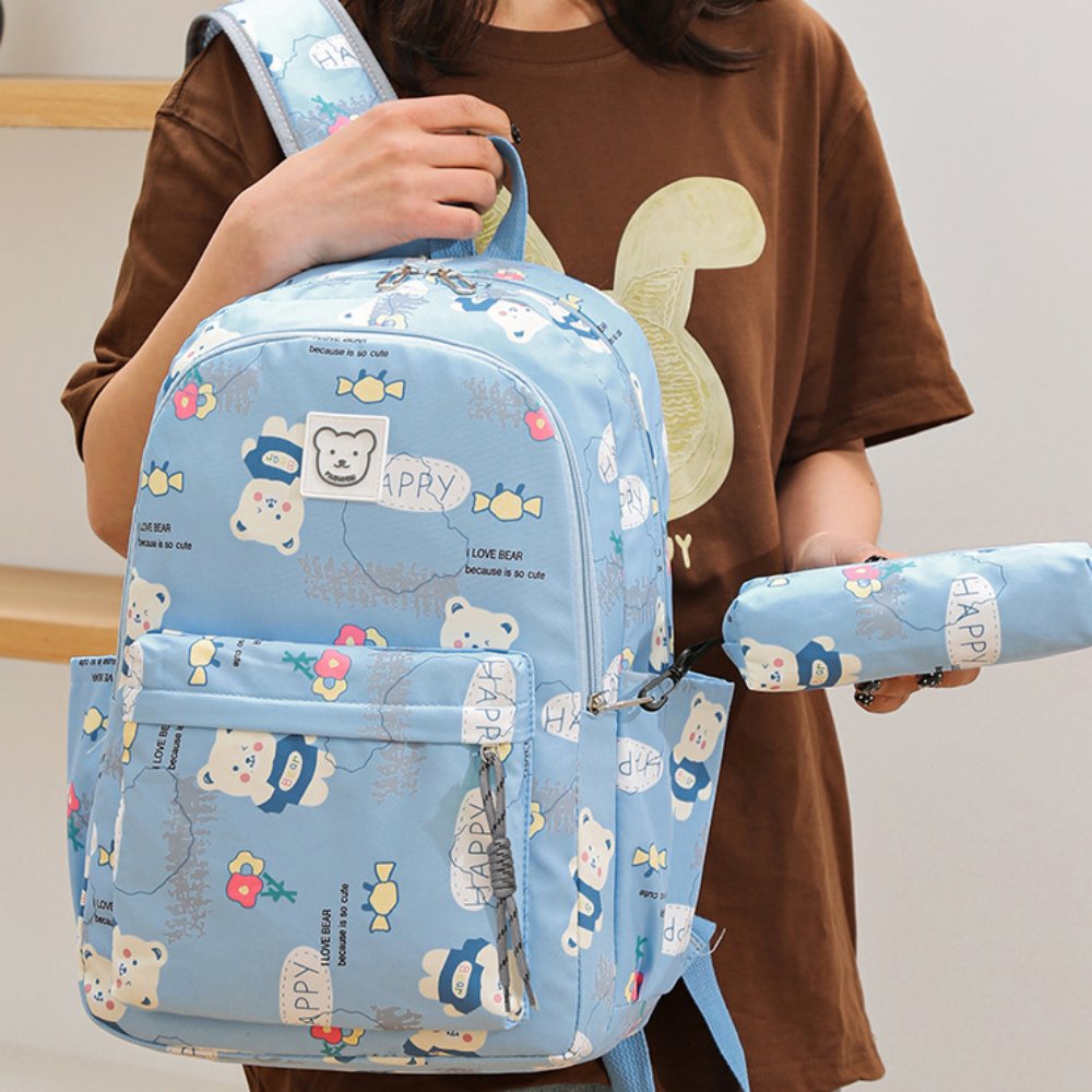 Kids School Backpack Cartoon Printed School Bag with Pencil Case for Girls, 17" Laptop Backpack Bookbags Travel Daypack for Students, Blue