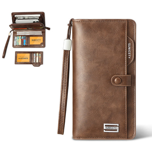 Tyethy Long Wallet for Men, Large Capacity Zipper RFID Blocking Leather Wallet Multifunctional Passport Wallet with Removable Card Holder for Business Travel, Brown