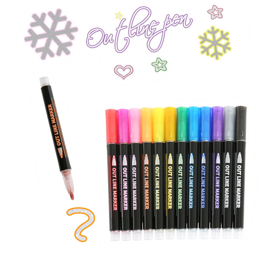 Double Line Outline Markers, 12 Colors Super Squiggles Metallic Markers Pens Self-Outline Writing Drawing Pens for Party, Birthday Greeting, DIY Art Crafts