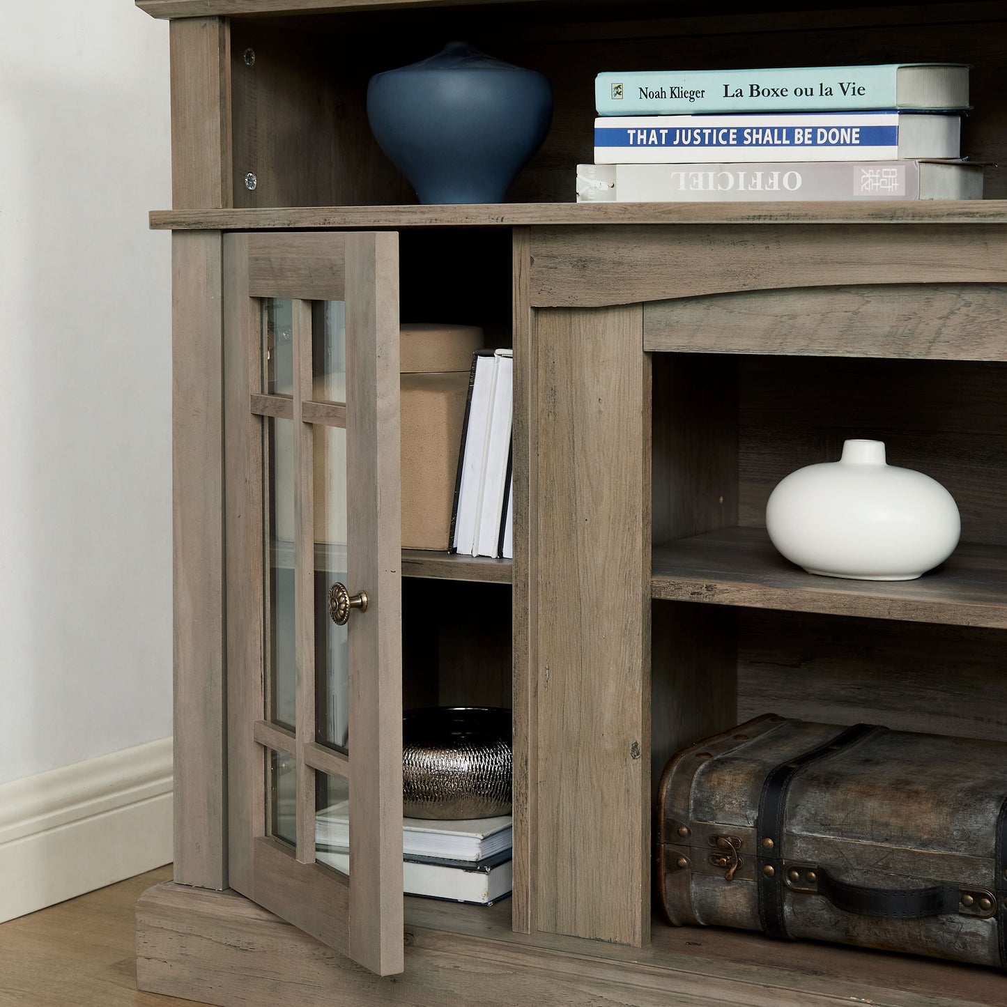 Modern Farmhouse TV Stand for TVs up to 65", Media Console Table with Storage Cabinet, Gray Wash